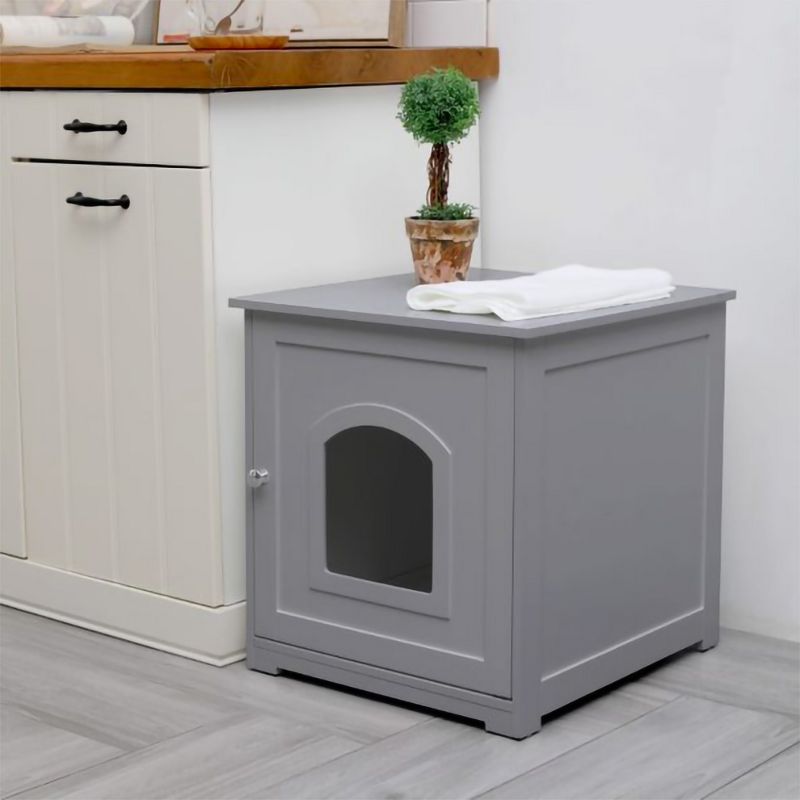 zoovilla Kitty Litter Loo Indoor Hidden Litter Box Enclosure Furniture, Litter Box Cabinet with Framed Panels and Arched Doorways, Gray