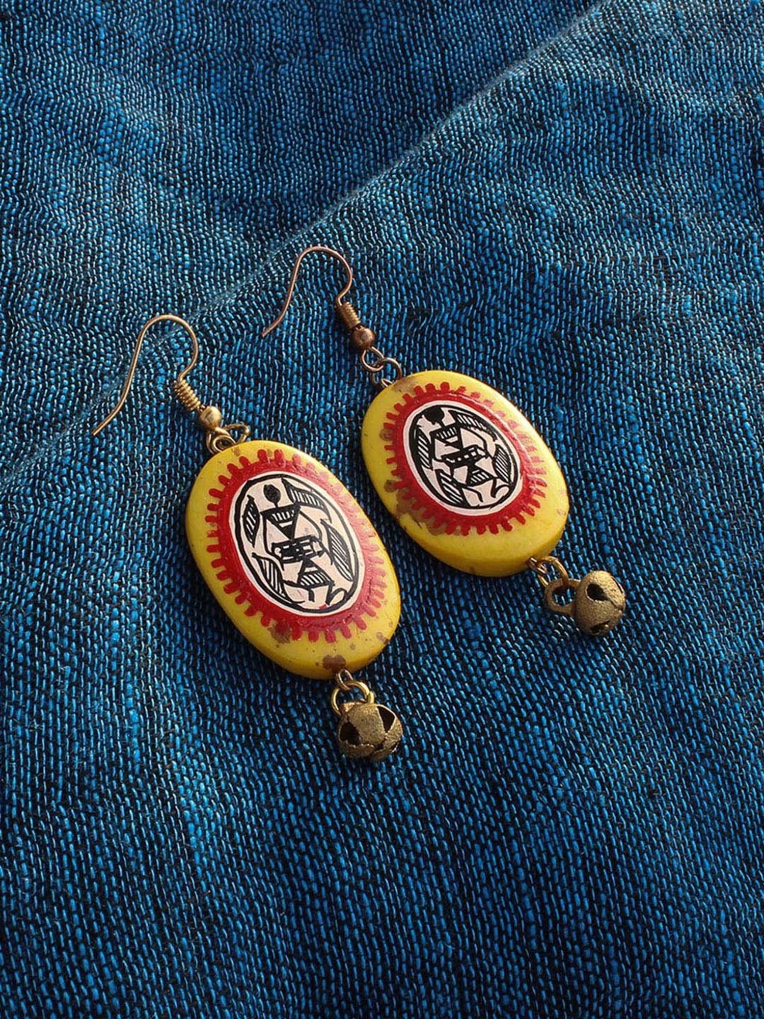ExclusiveLane 'Tribal Warli Ovates' Amber Yellow & Red Resin Earrings Handpainted in Warli Art