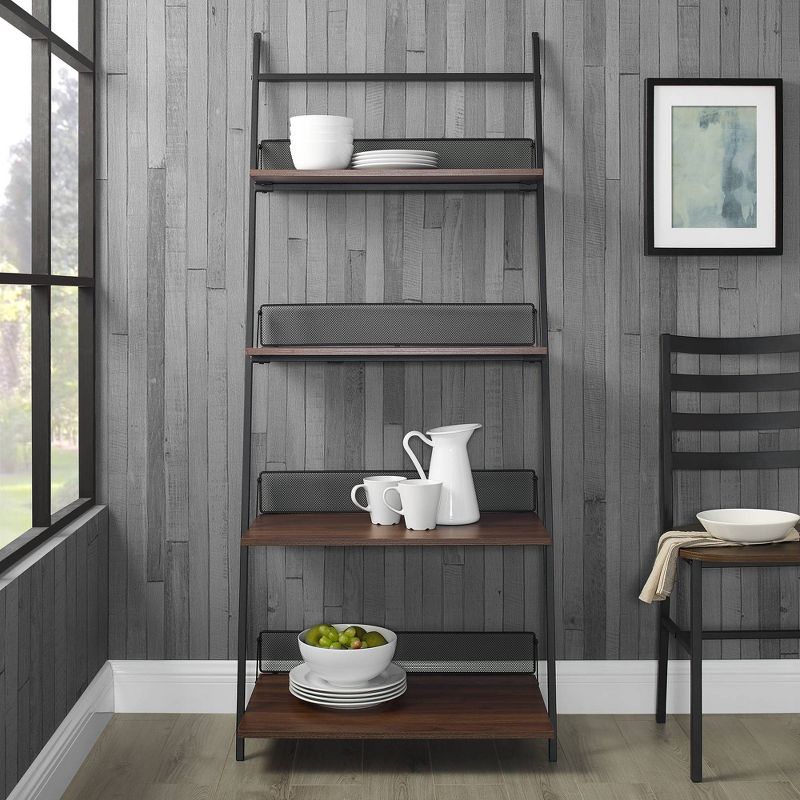 64" Urban Industrial Metal and Wood Leaning Wall Shelf Dark Walnut - Saracina Home