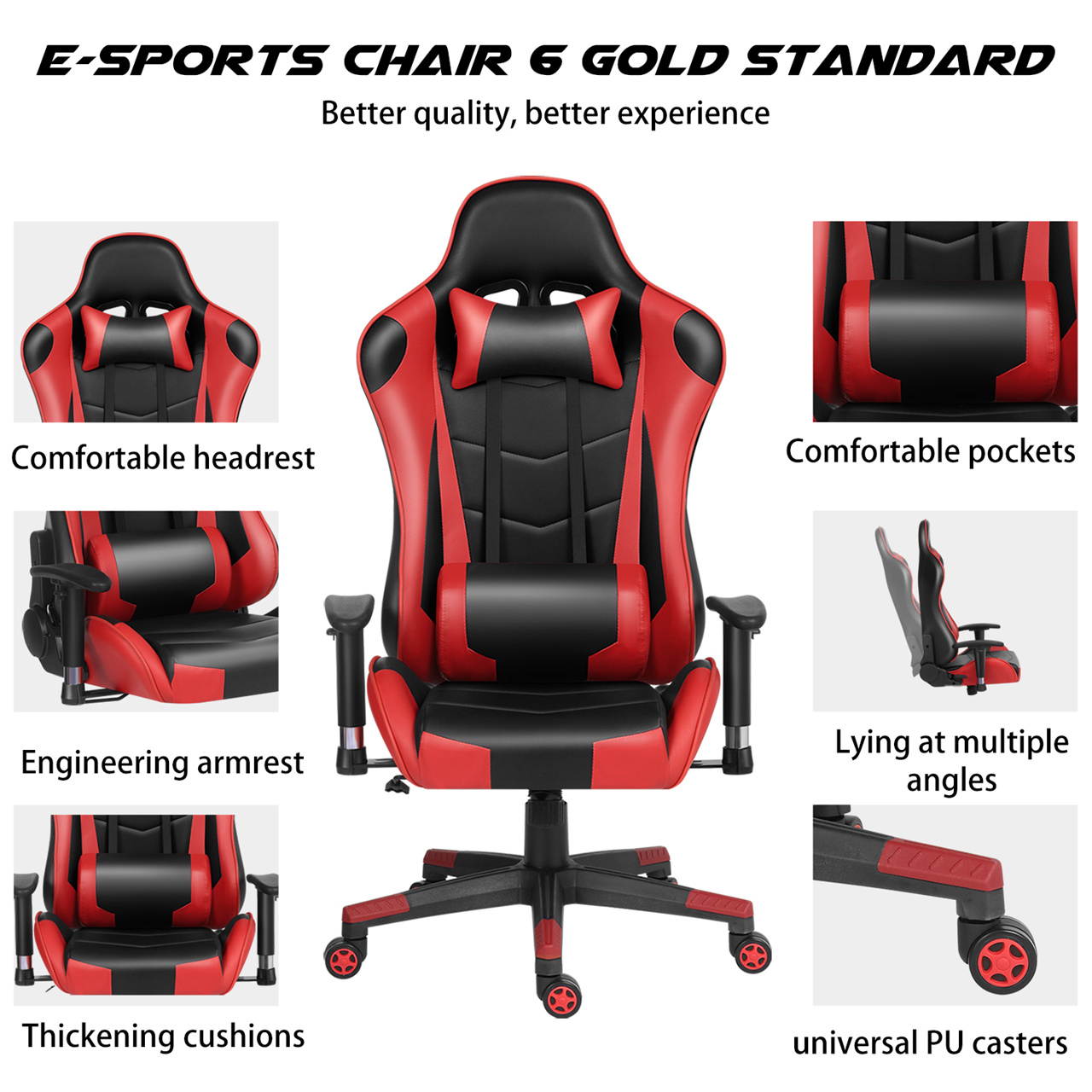 Gaming Chair Racing Office Chair Ergonomic Massage Chair PU Leather Recliner Computer Game Chair with Headrest and Lumbar Pillow Rolling Swivel Task (Black/Red)
