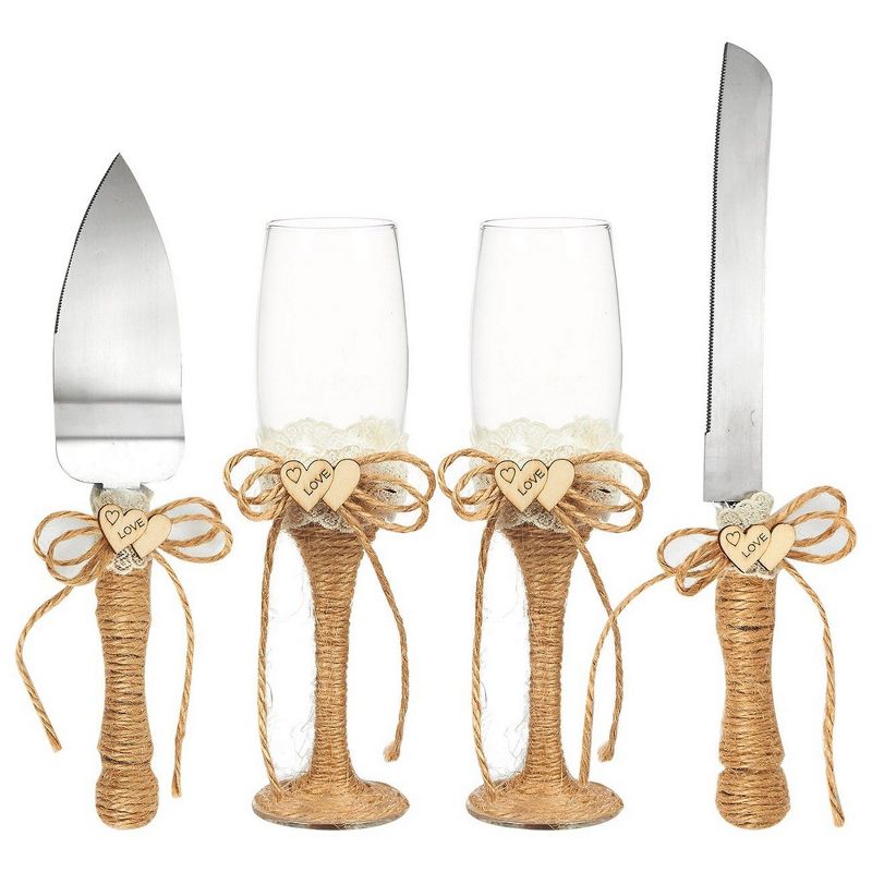 4-Piece Wedding Supplies Set: Cake Knife, Pie Server Set & 2 Toasting Champagne Glasses Flutes, Jute Decorated Handles for Rustic & Country Theme