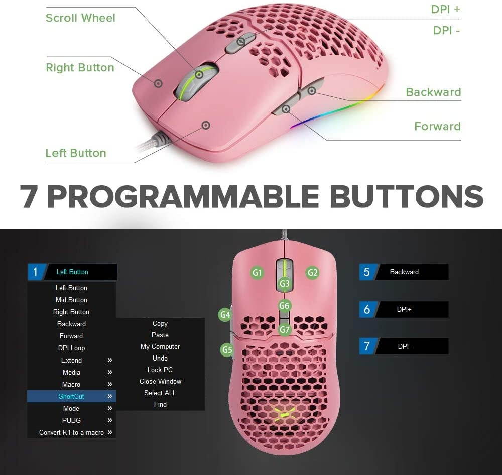 DELUX 67G (2.36oz) Wired Lightweight Gaming Mouse with 7200DPI RGB Backlit and 7 Programmable Buttons Honeycomb Shell Gaming Optical Mouse for PC Computer Laptop(M700BU(A725)(Pink))