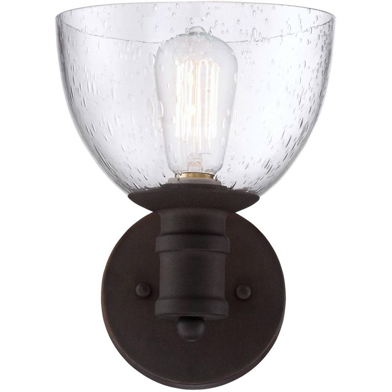 Franklin Iron Works Industrial Wall Light Sconce LED Bronze Hardwired 9 1/4" High Fixture Seedy Glass for Bedroom Bathroom Hallway