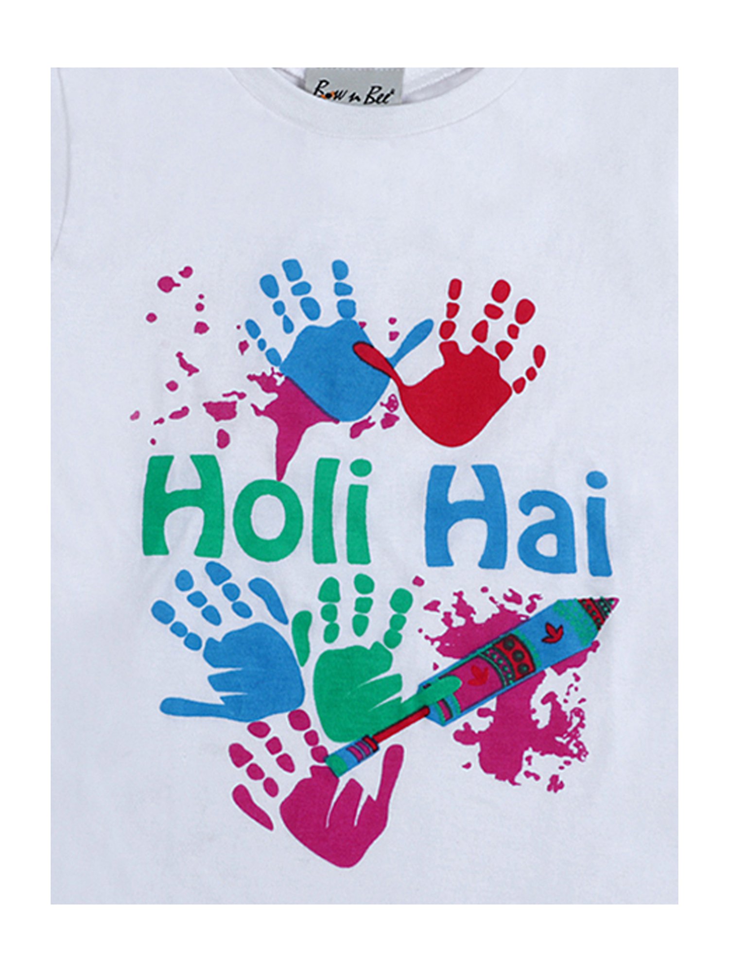 BownBee Kids White Cotton Holi Printed T-Shirt