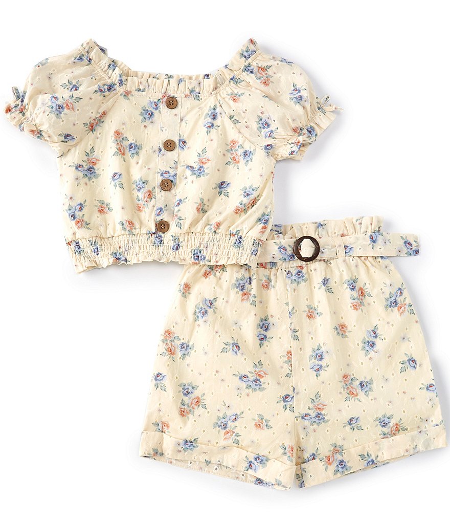 Rare Editions Big Girls 7-16 Short-Sleeve Floral-Printed Eyelet Top & Belted Shorts Matching Set