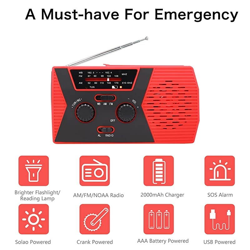 2020 Upgraded Emergency Solar Hand Crank Radio,  Hand Crank AM/FM/NOAA Weather Radio with Flashlight, Reading Lamp, 2000mAh Power Bank,USB Cell Phone Charger and SOS Alarm