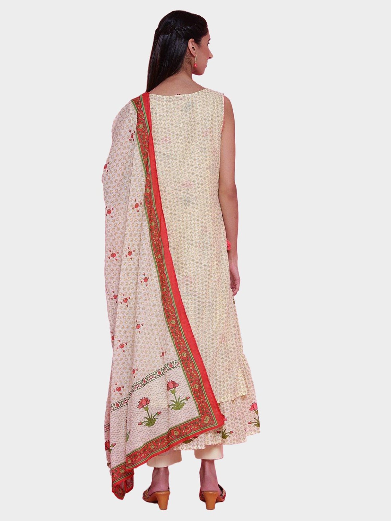 Biba Beige Printed Double Layered Kurta With Pant & Dupatta
