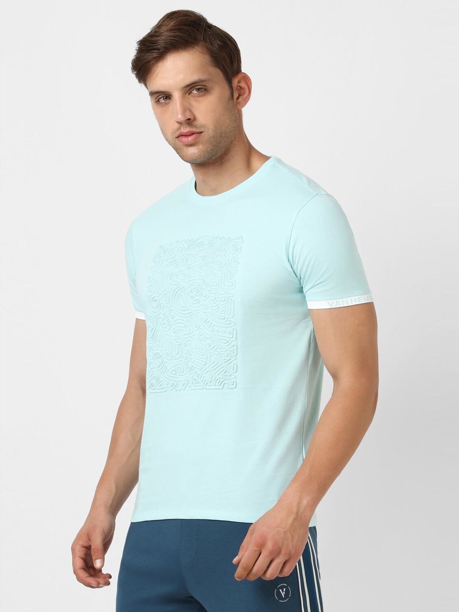 V Dot Blue Cotton Slim Fit Printed T-Shirt