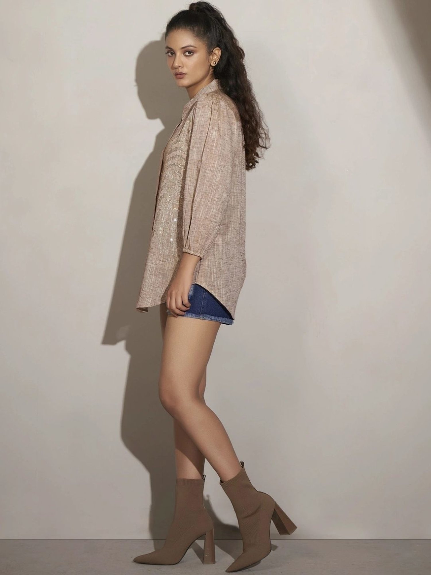 Kaftanize Beige Cotton-Linen Shirt with Fern Leaf Rhinestone Decorations