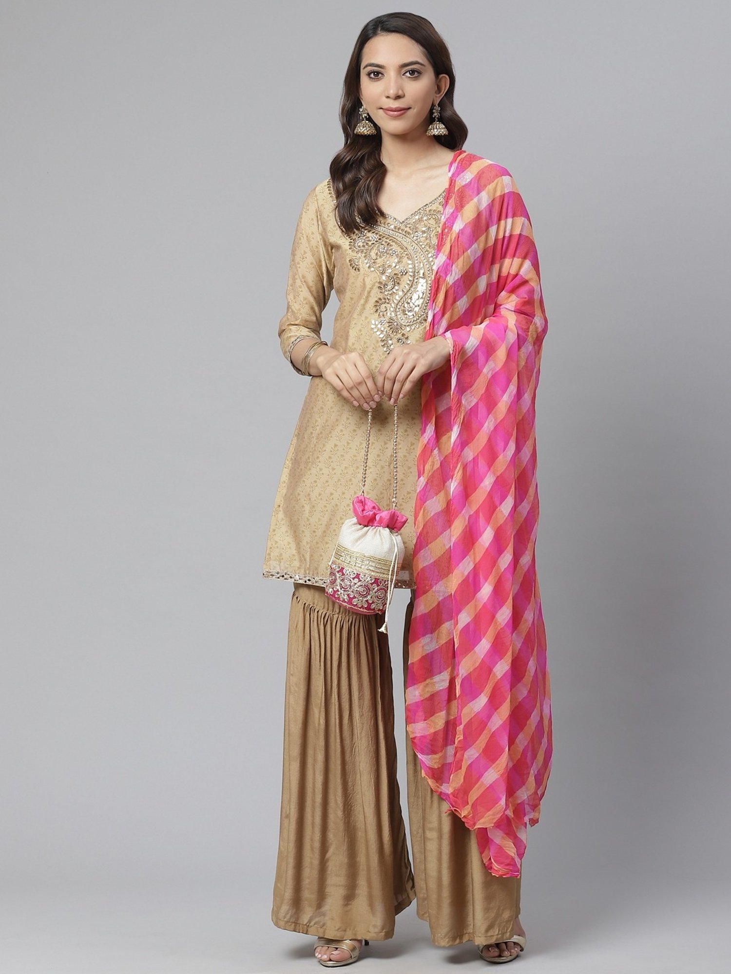 Readiprint Fashions Beige Embroidered Unstitched Dress Material with Dupatta