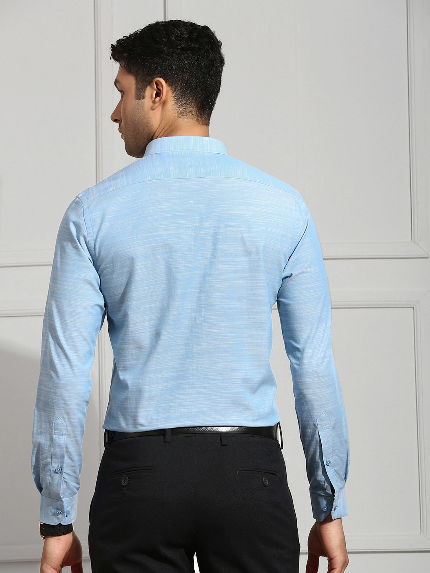 Ramraj Blue Regular Fit Textured Cotton Shirt