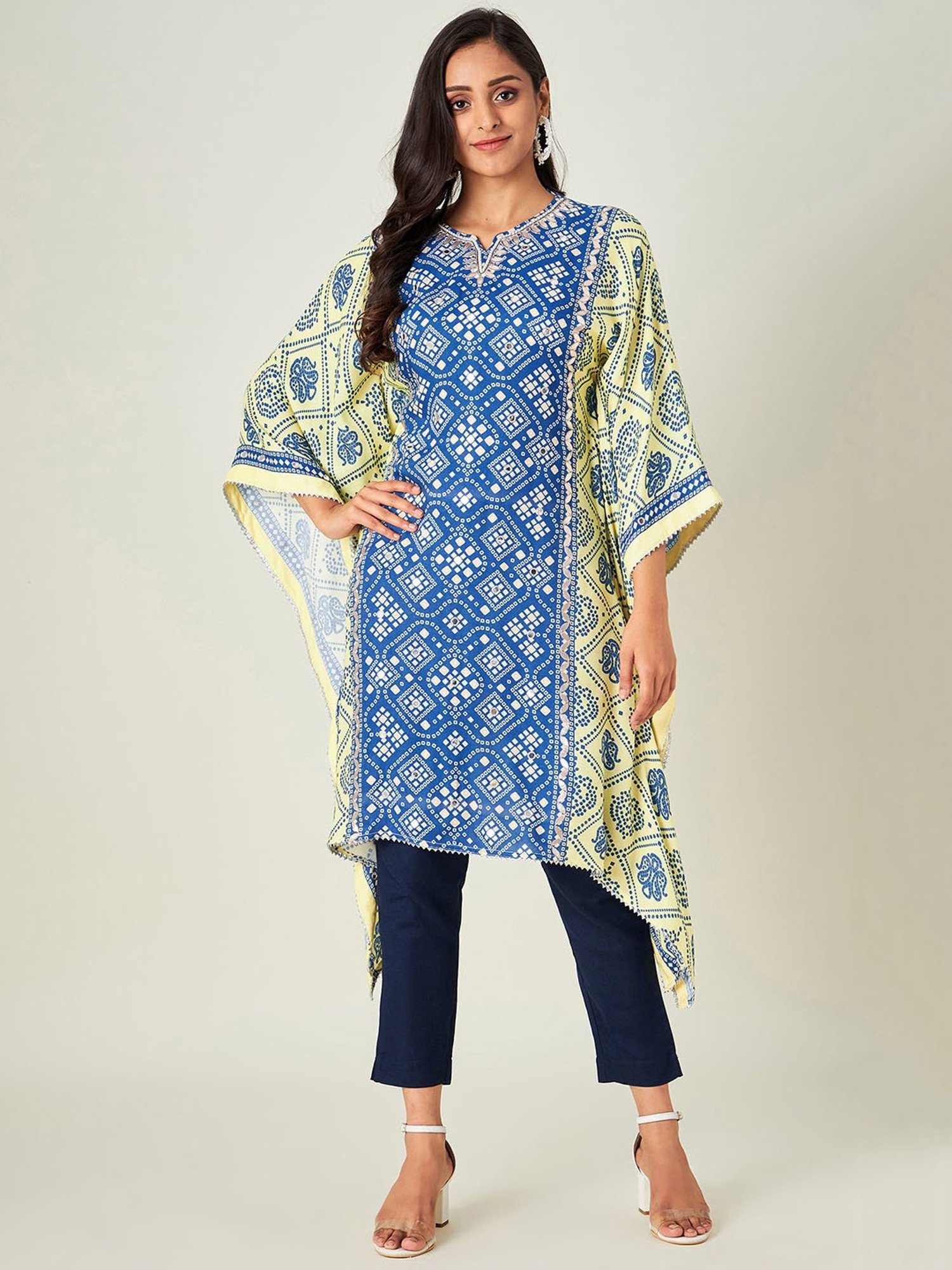 The Kaftan Company Blue & Yellow Bandhani A Line Kaftan Kurta