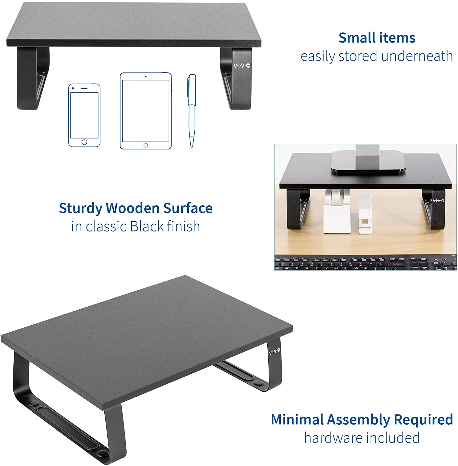 VIVO Black Wood 24" Wide Desktop Stand Ergonomic TV Monitor Riser Desk Organizer