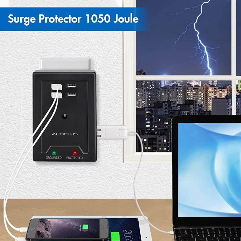 Multi Plug Wall Outlet Extender,  6 Outlet Power Strip Surge Protector with 4 USB Charger[5V/3.1A]-Grounded Electrical Plug Adapter Outlet Splitter for Home Office Bedroom Kitchen-1050J