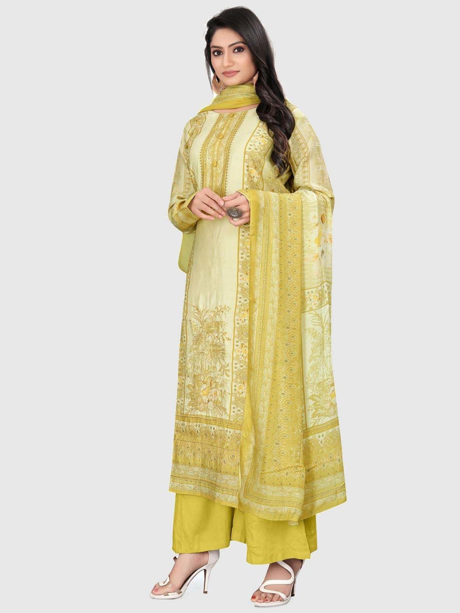 Stylee LIFESTYLE Yellow Floral Print Unstitched Dress Material