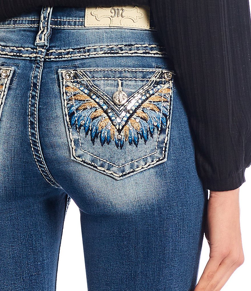 Miss Me Feather Embellished Flap Pocket Bootcut Jeans