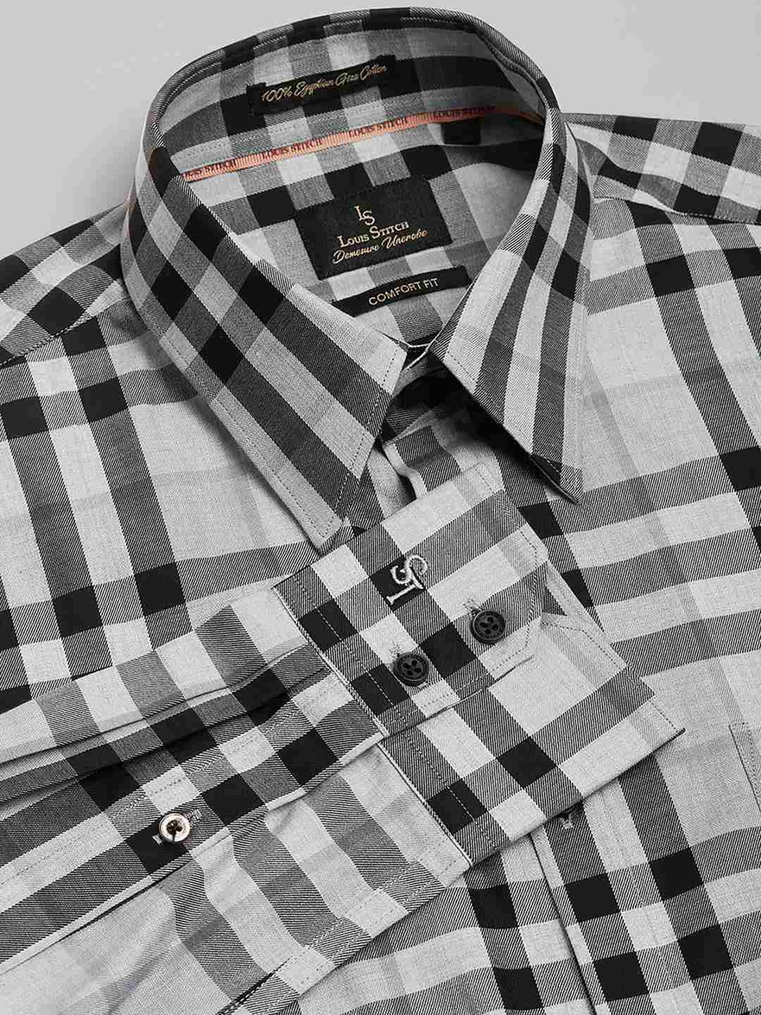 Louis Stitch Grey Cotton Regular Fit Checks Shirt