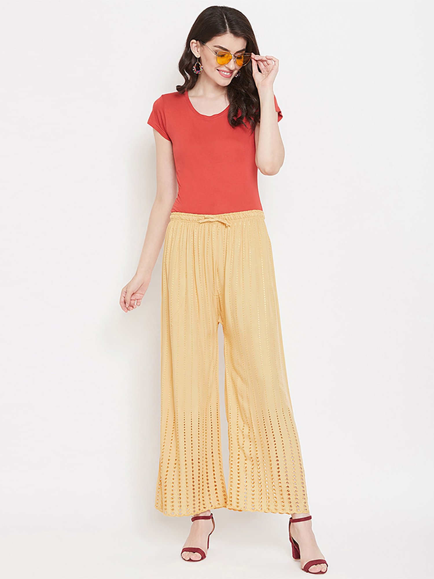 Castle Beige Embroidered Palazzos