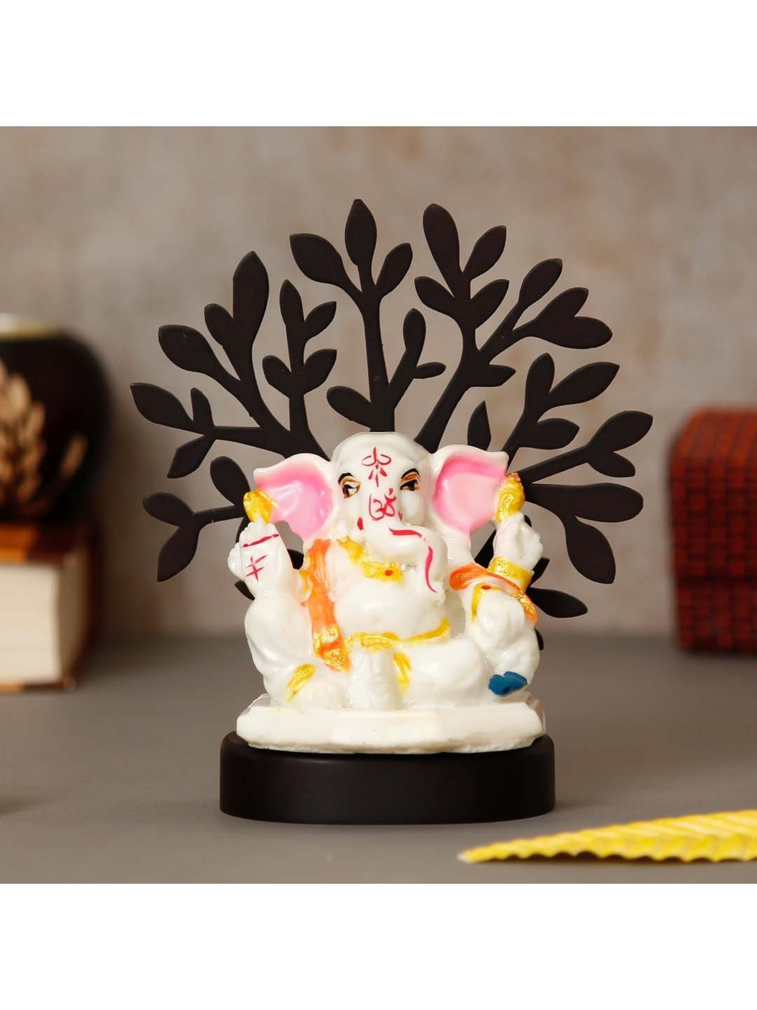 Decorative Lord Ganesha Idol with Wooden Tree for Car Dashboard, Home Temple and Office Desks