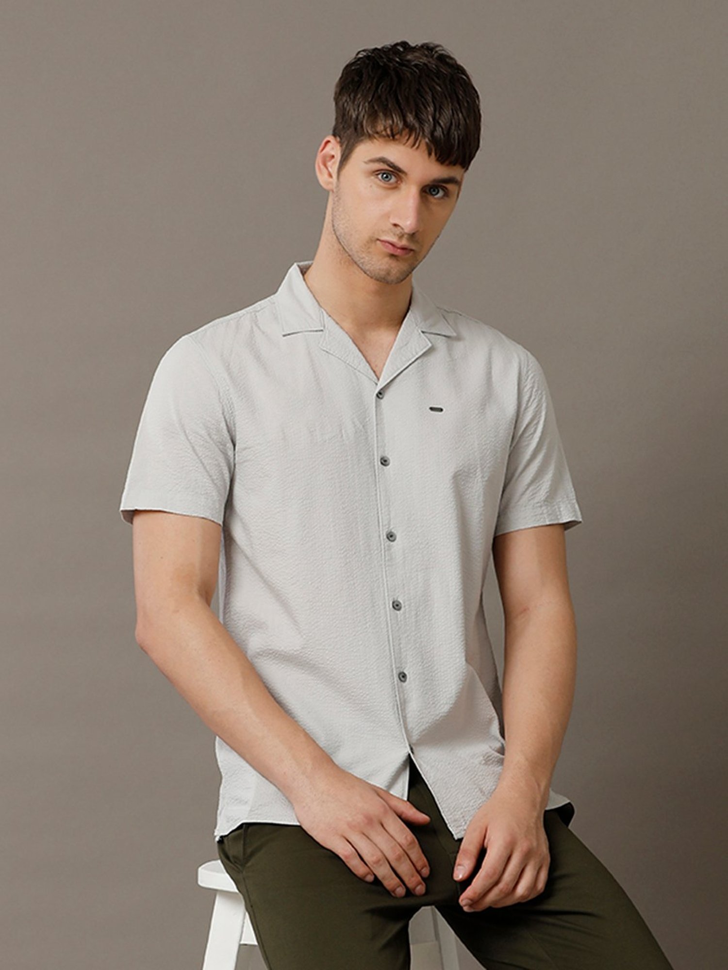 Identiti Grey Slim Fit Self Design Shirt