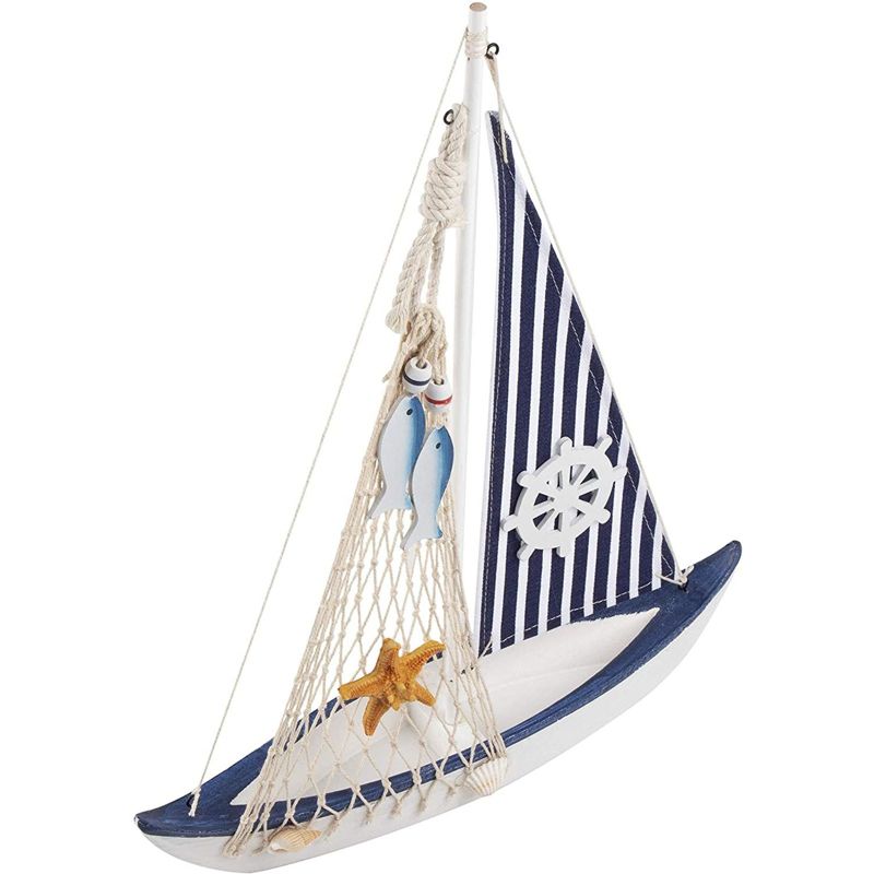 Juvale Wooden Sailing Boat Home Decor, Beach Nautical Design Sailboat with Ship's Wheel, 13 x 15 x 3 In