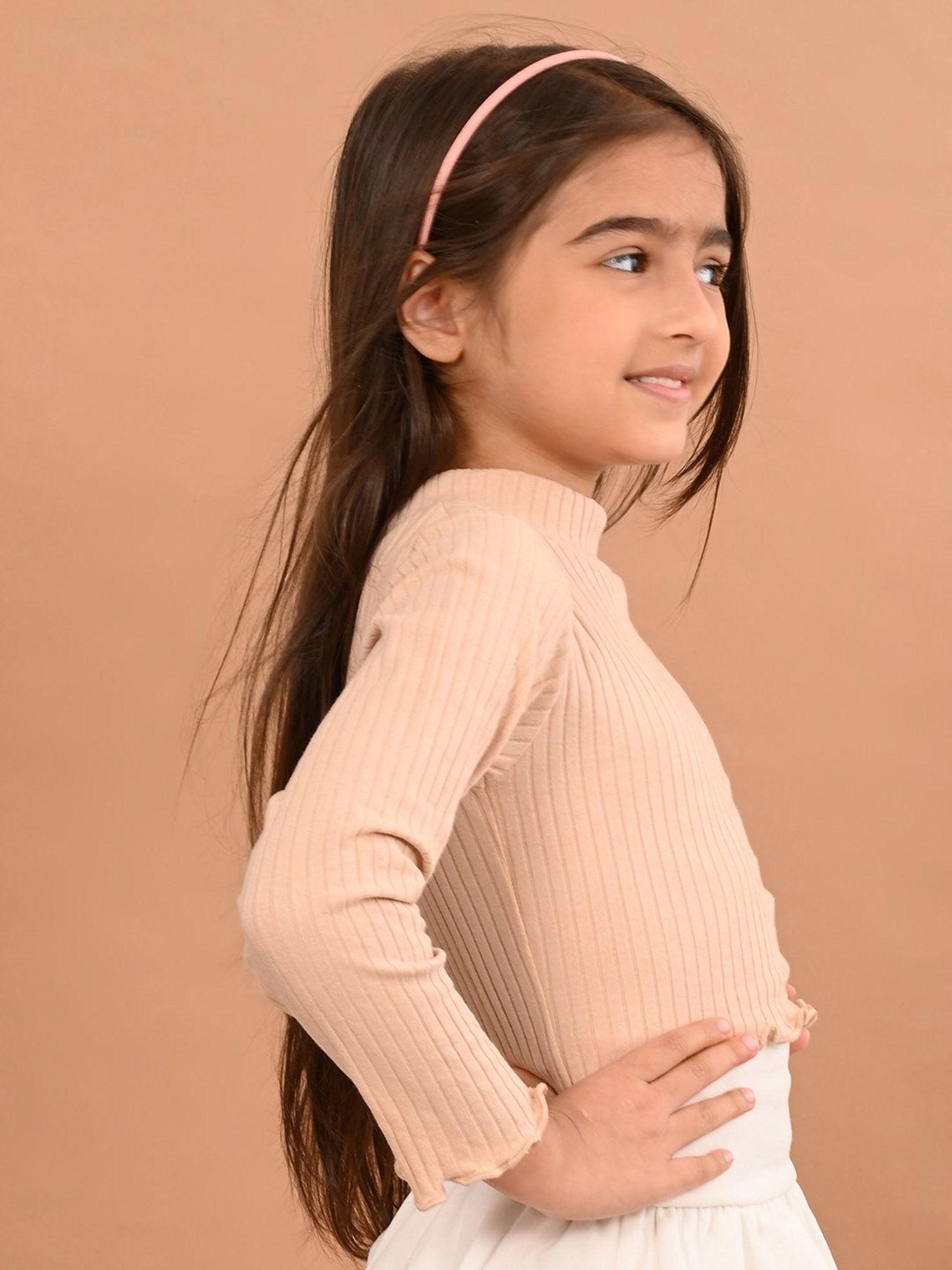 LilPicks Kids Beige Solid Full Sleeves Crop Top