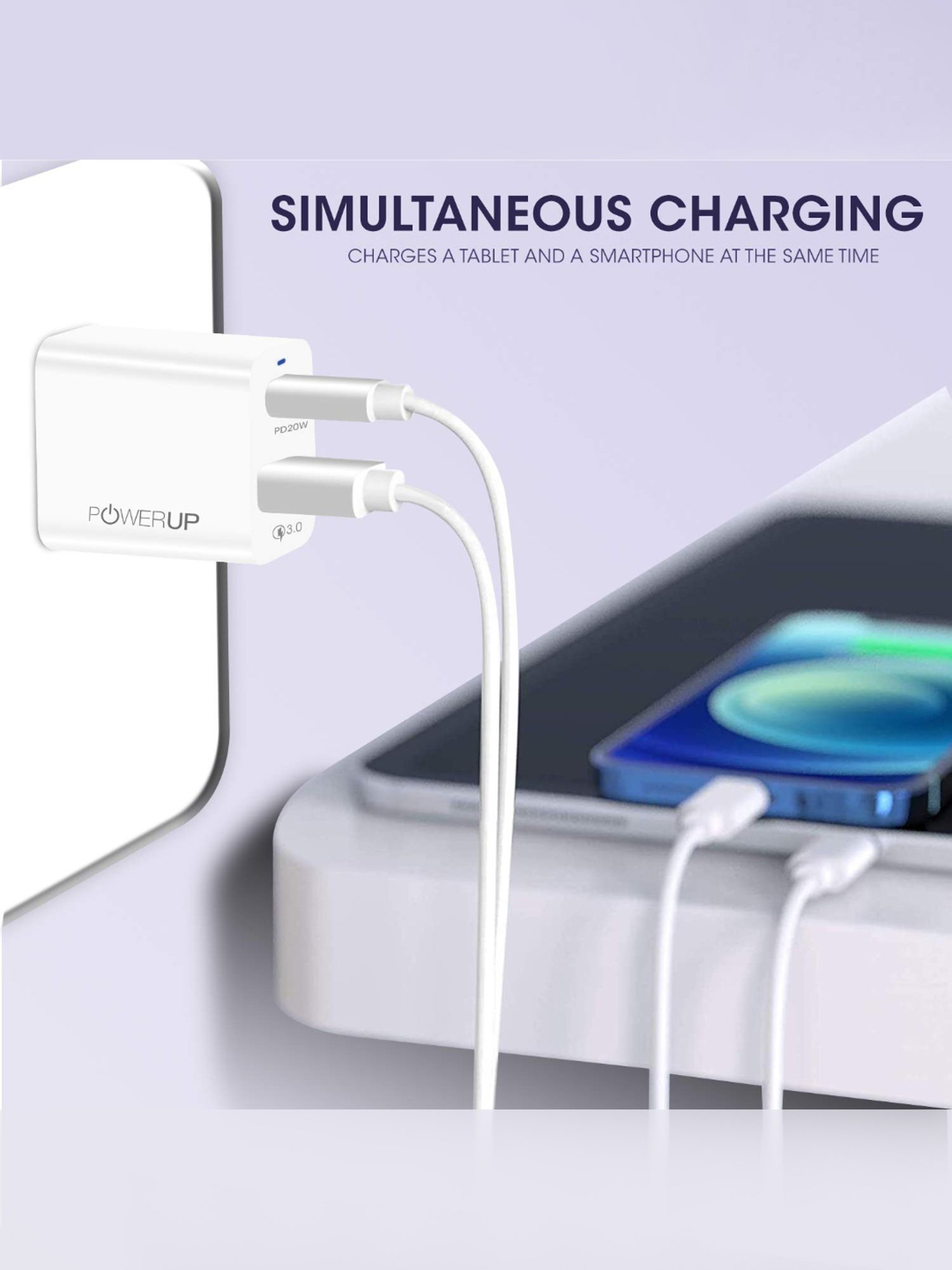 Powerup Stay Charge Turbo Max Charge Dual Port 20W Type-C+Usb (White)