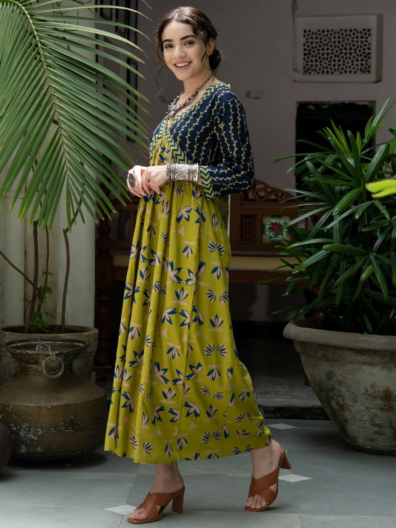 Rustorange Green & Navy Printed Maxi Dress