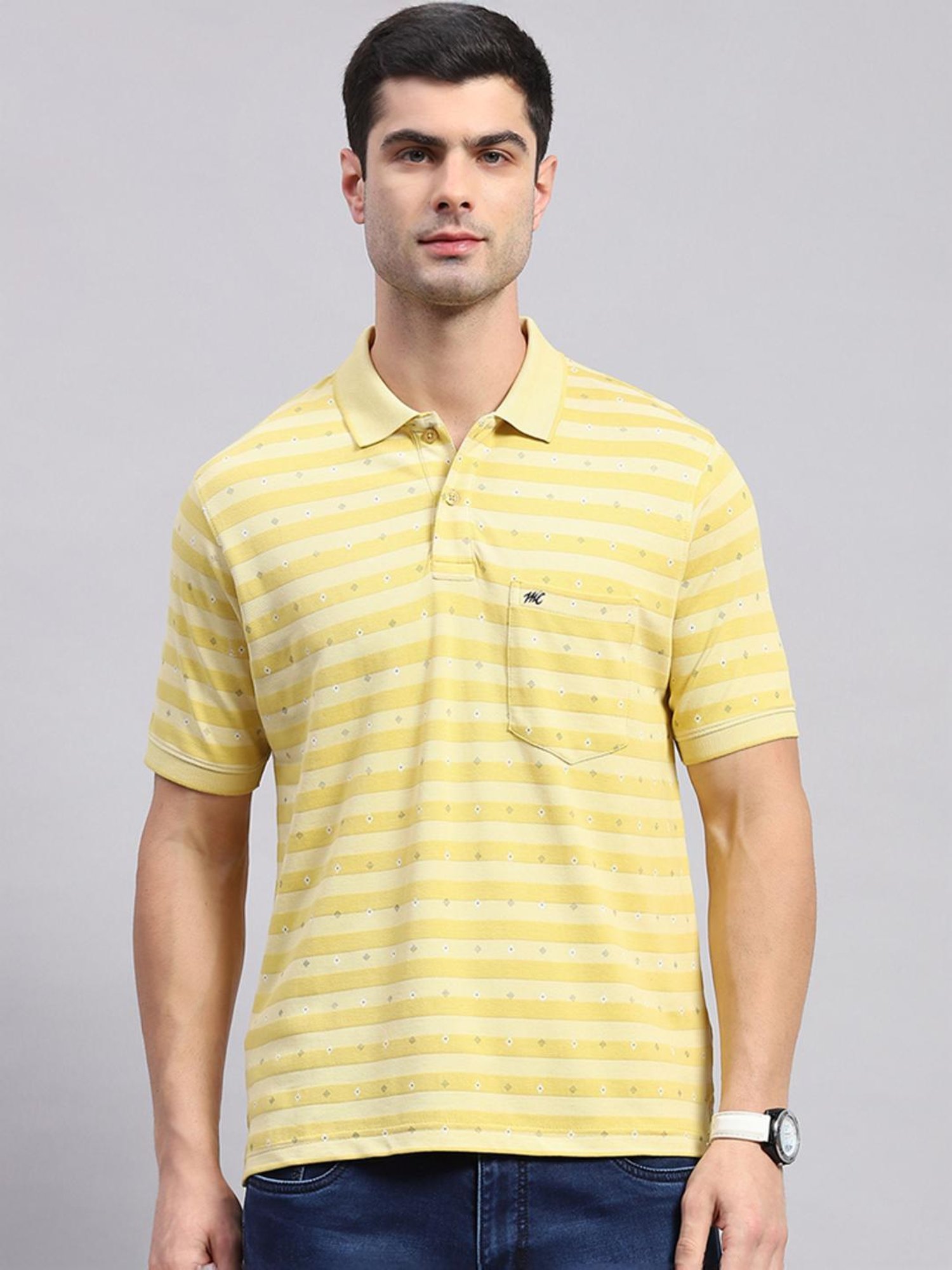 Monte Carlo Yellow Regular Fit Striped Polo T-Shirt