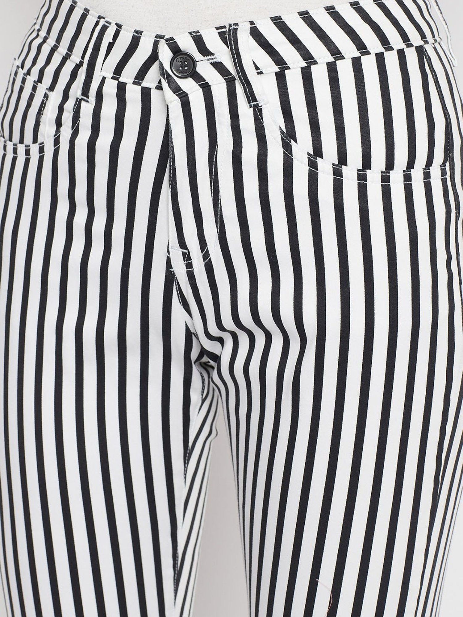 Crozo By Cantabil White Striped Regular Fit Mid Rise Trousers