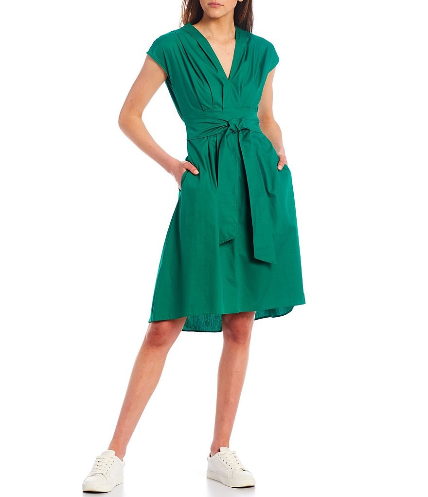 Kensie Pleated Shoulder Cotton Poplin Fit & Flare Dress