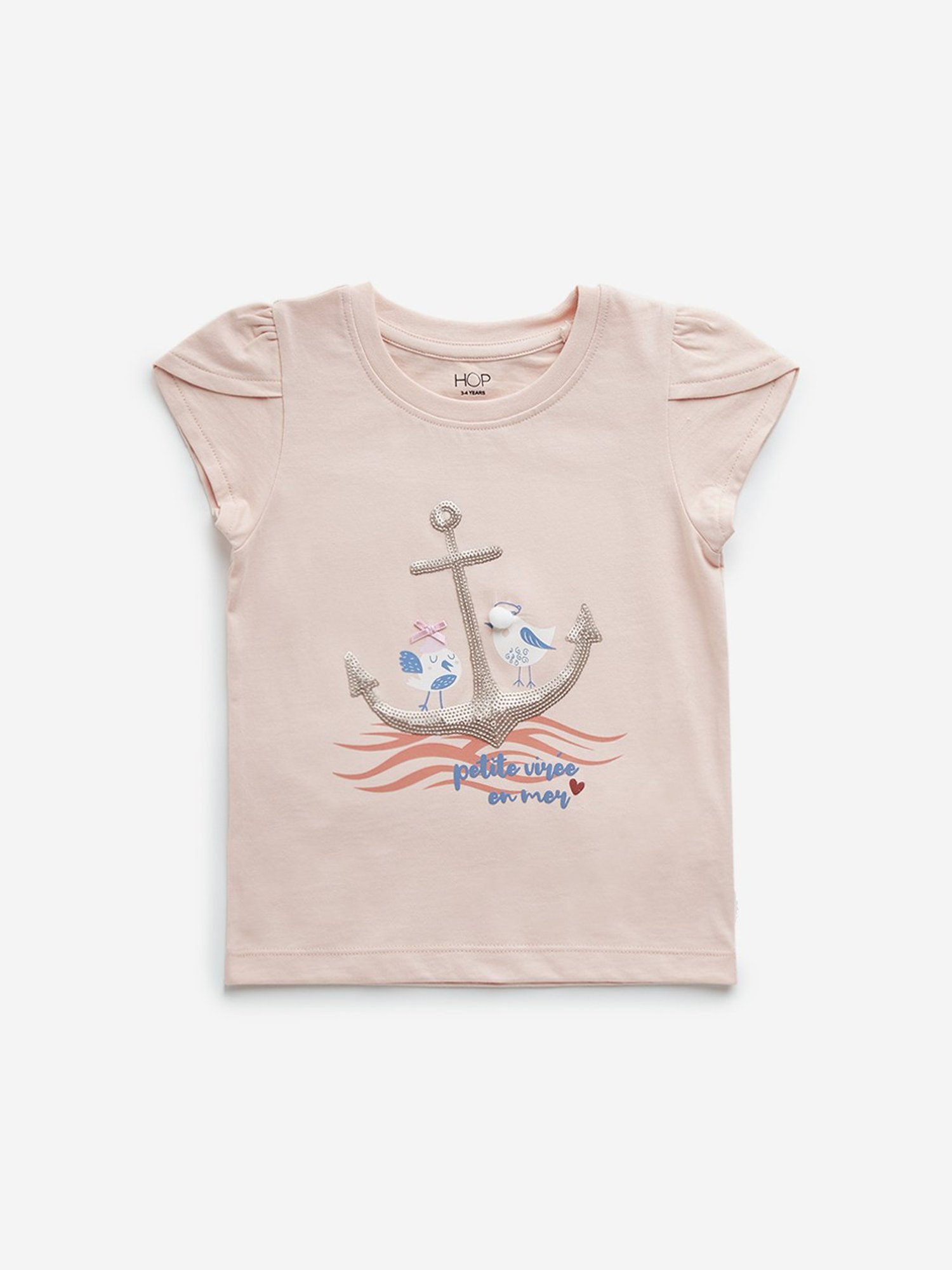 HOP Kids by Westside Peach Embellished Anchor Cotton T-Shirt