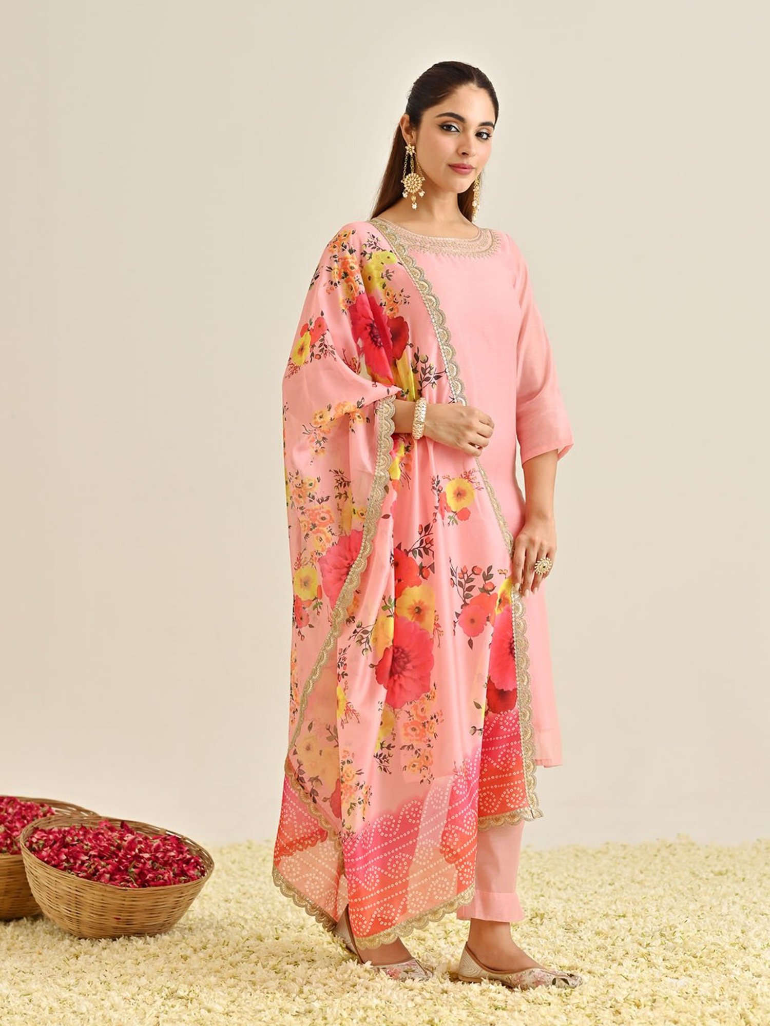 Rustorange Pink Embroidered Kurta With Pant & Dupatta