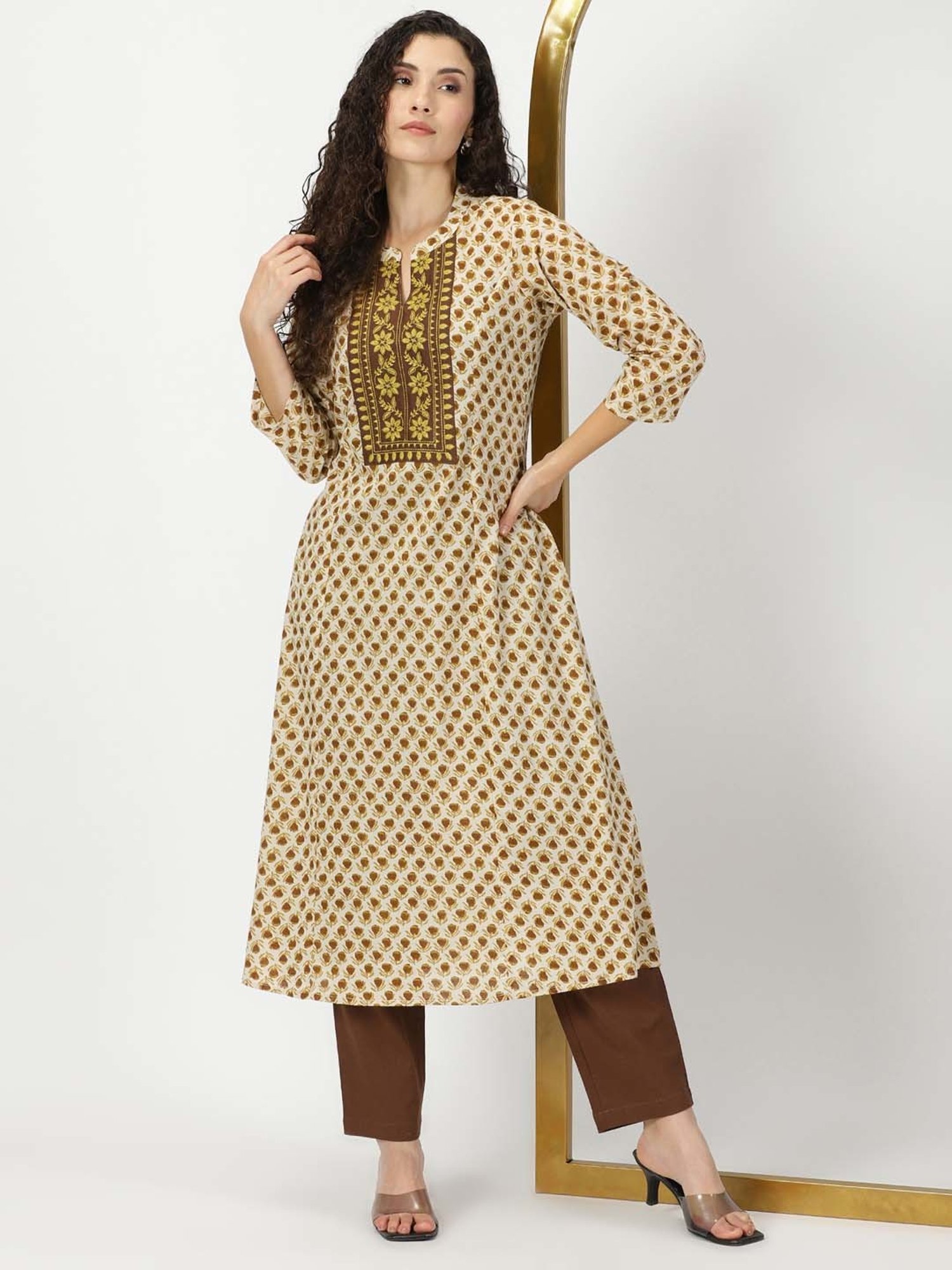 Saffron Threads Beige Floral Print A Line Kurta