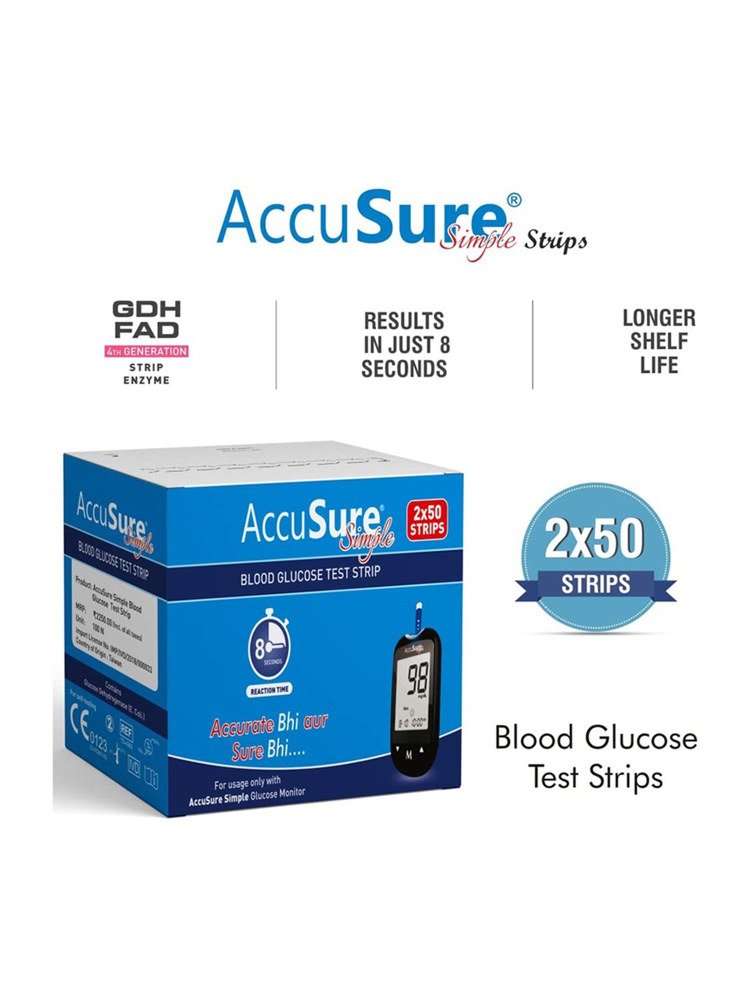 AccuSure Instant Digital Glucometer Kit With 100 Blood Lancet & Simple Strips 100 Test (Black)