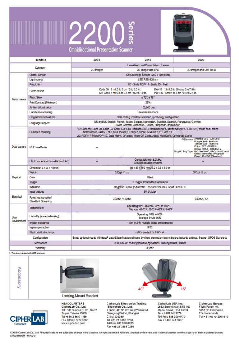 2200 cash register platform, two-dimensional image, Desktop 2D/1D Barcode Scanner, Handsfree Automatic Reader, USB Cable Included