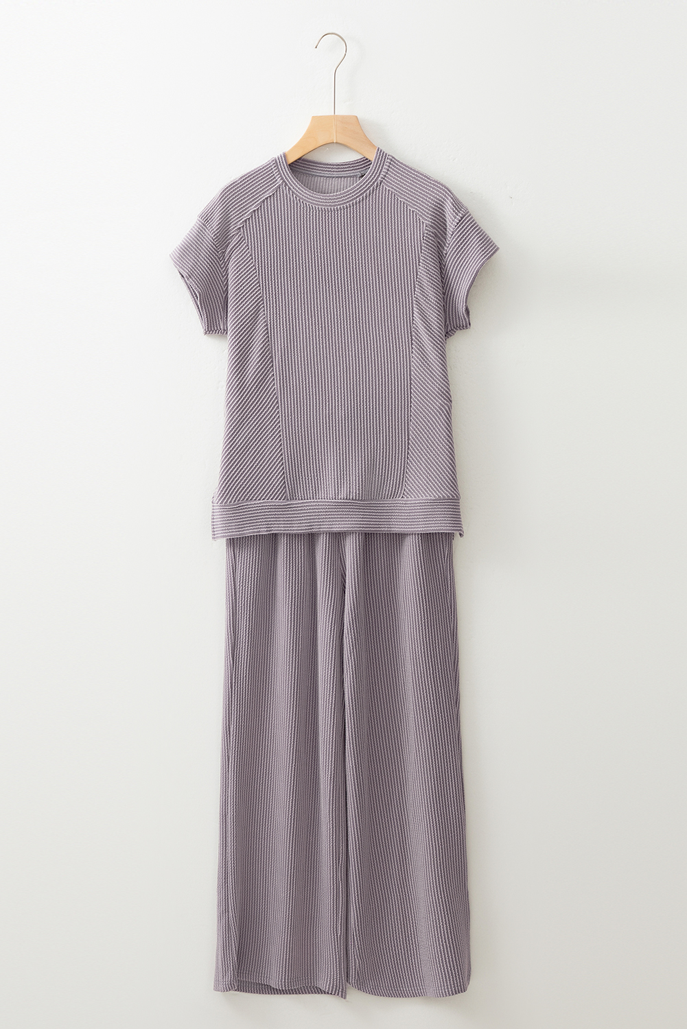 Green Solid Color Quilted Long Sleeve Top and Wide Leg Pants Set