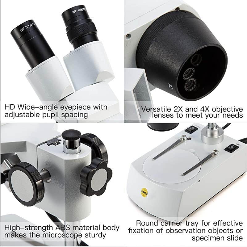 S306-20-2L 20X/40X/80X Magnification Forward Mounted 360&deg; Rotatable Binocular Stereo Microscope, Wide-field 10X and 20X Eyepieces, Upper and Lower LED Lighting,Reversible Black/White Stage Plate