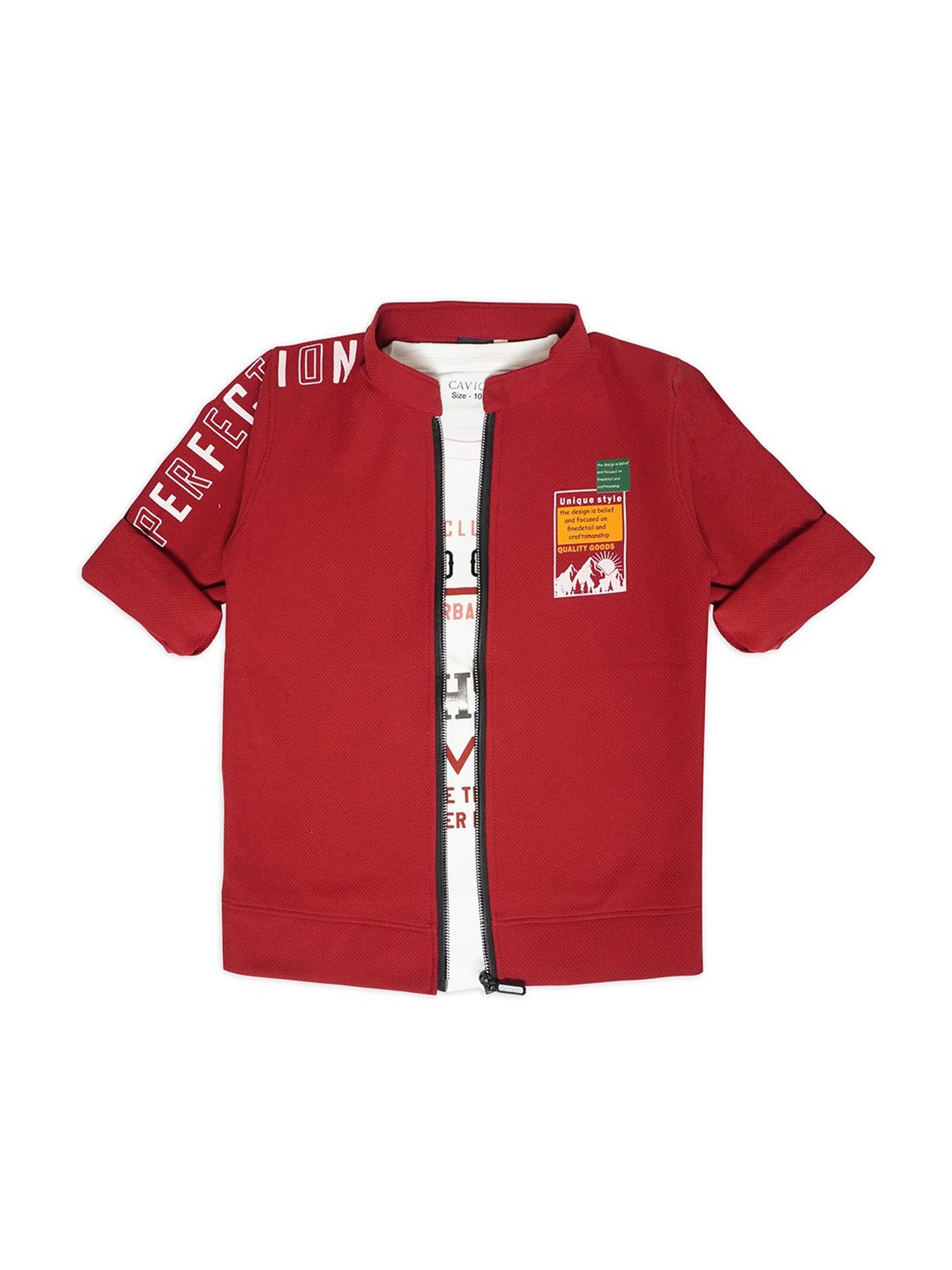 Cavio Kids Red & White Printed Full Sleeves Jacket with T-Shirt