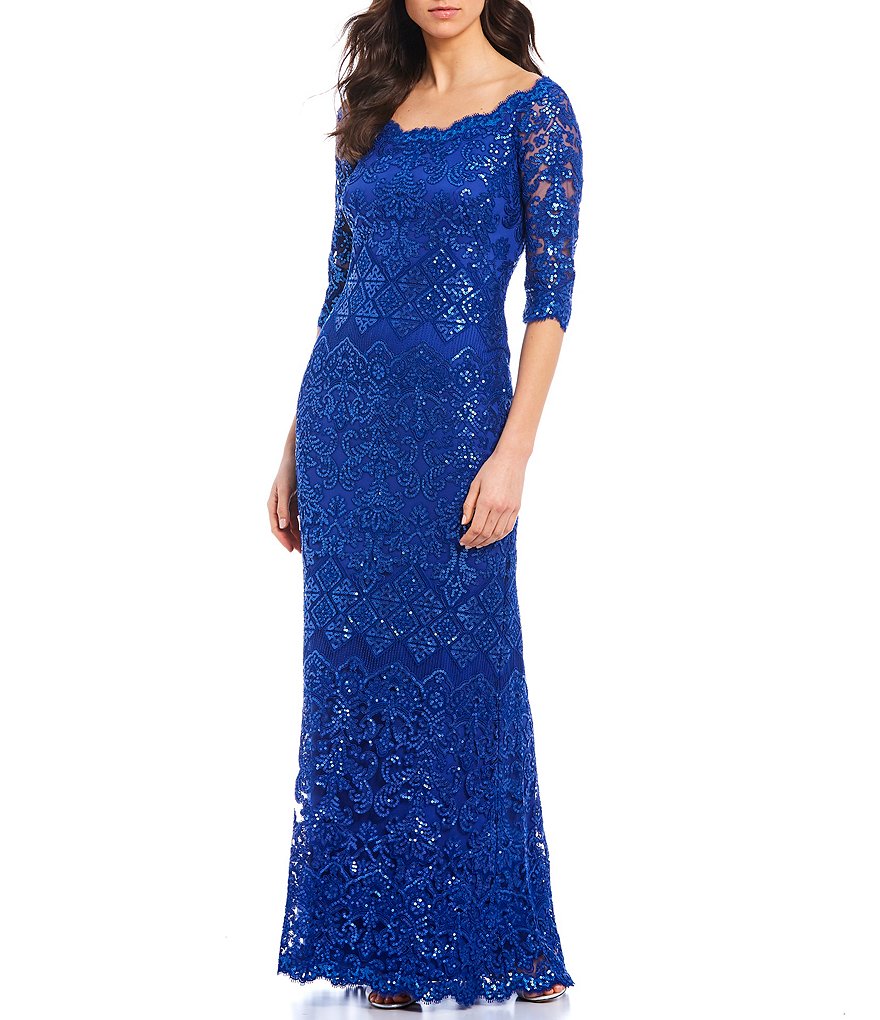 Tadashi Shoji Scalloped Boat Neck Short Sleeve Sequin Lace Gown