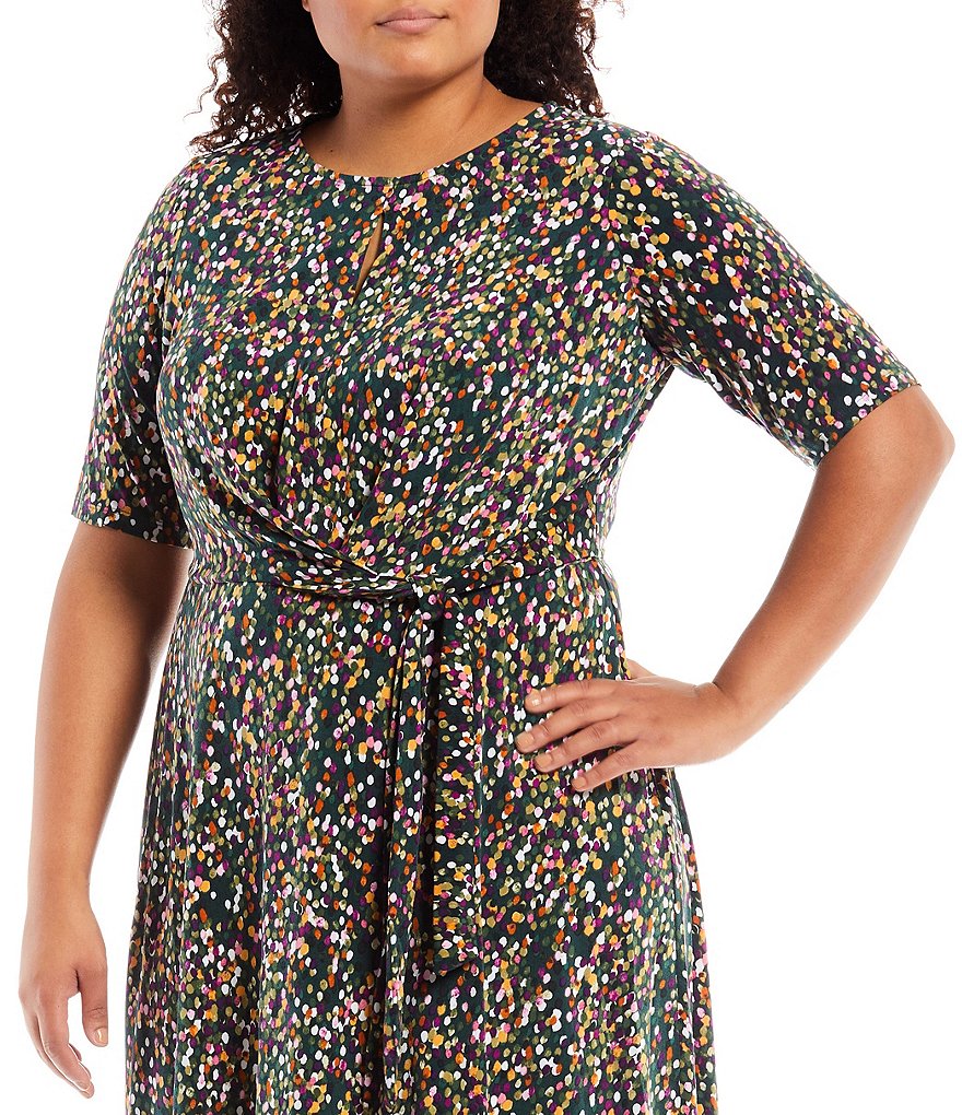 London Times Plus Size Printed Round Neck Elbow Sleeve Fit-and-Flare Dress