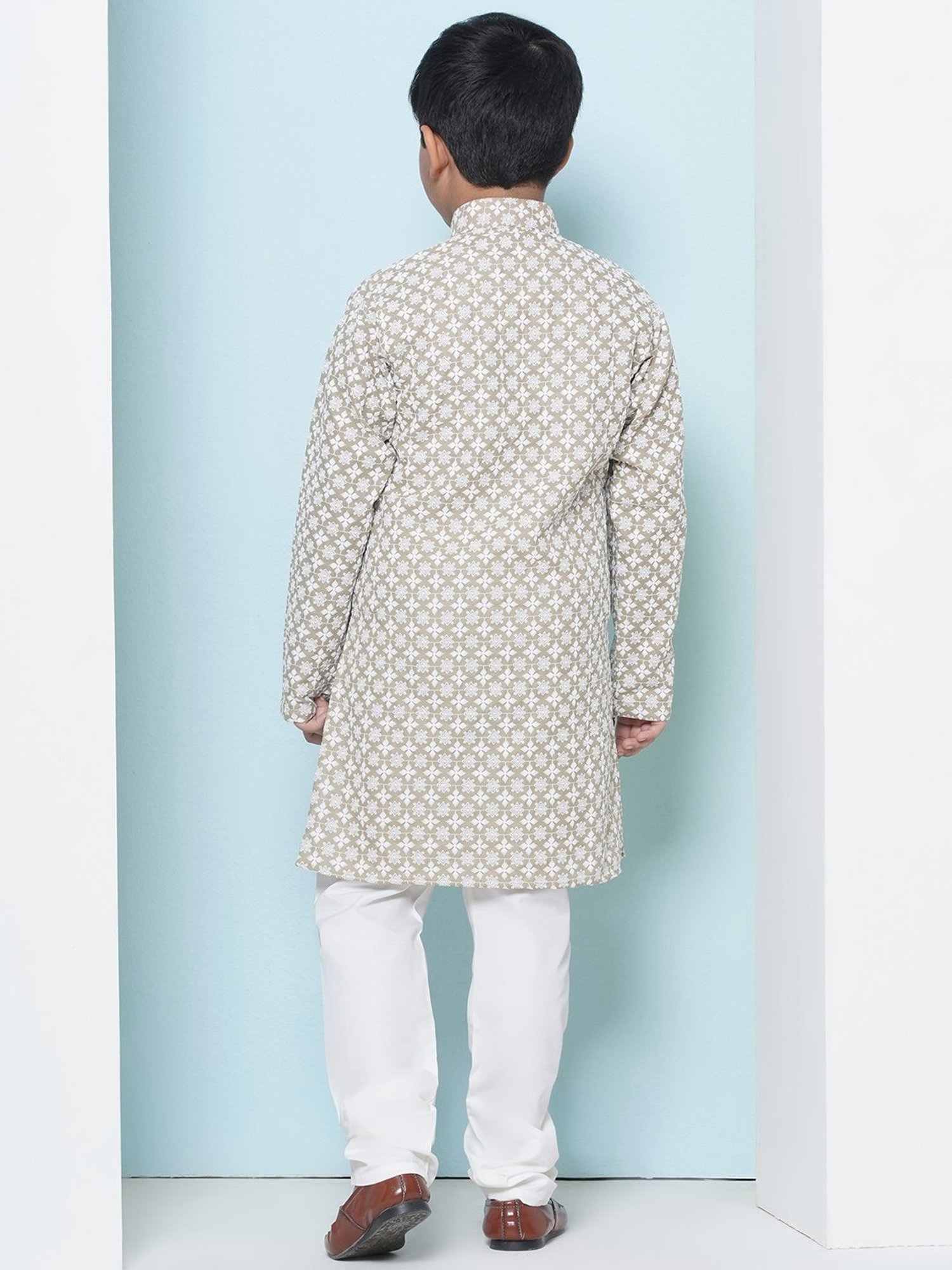 AJ Dezines Kids Light Brown & White Embroidered Full Sleeves Kurta with Pyjamas