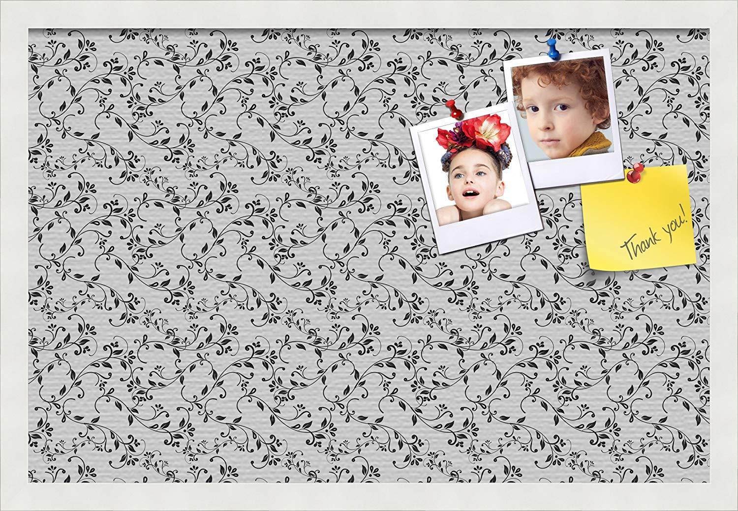 PinPix custom printed pin cork bulletin board made from canvas, Delicate Floral Design 24 x 16 Inches (Completed Size) and framed in Satin White Frame (PinPix-178)