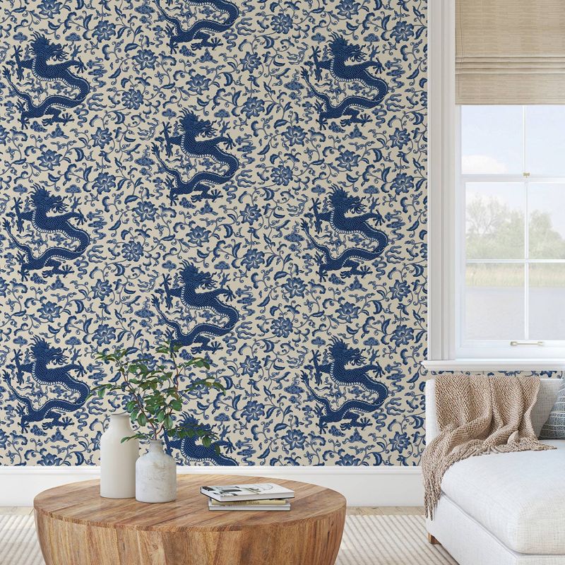Brewster Indigo Chi'en Dragon Scalamandre Self Adhesive Wallpaper