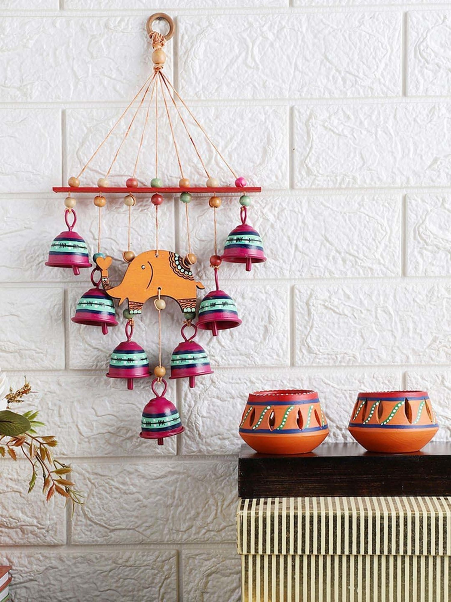 VarEesha Upahaar Multicolor Wood Wall Hanging Wind Chime with 2 Tea Light Holders