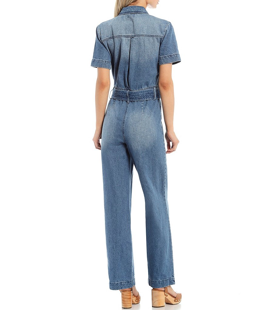 Every Denim Short Sleeve Button Front Collared Jumpsuit