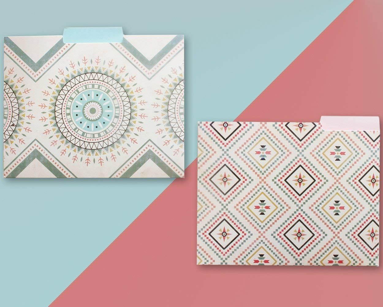 Decorative File Folders - 12-Count Colored File Folders Letter Size, 1/3-Cut Tabs, Cute Bohemian Tribal Designs, Office Supplies File Filing Organizers, 9.5 x 11.5 Inches