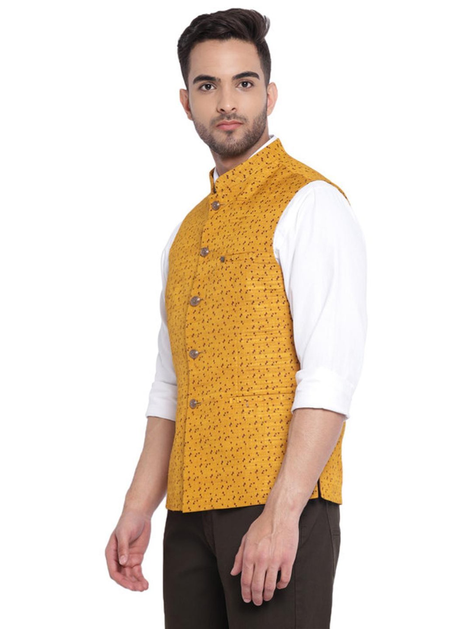 Turtle Yellow Cotton Slim Fit Printed Nehru Jacket