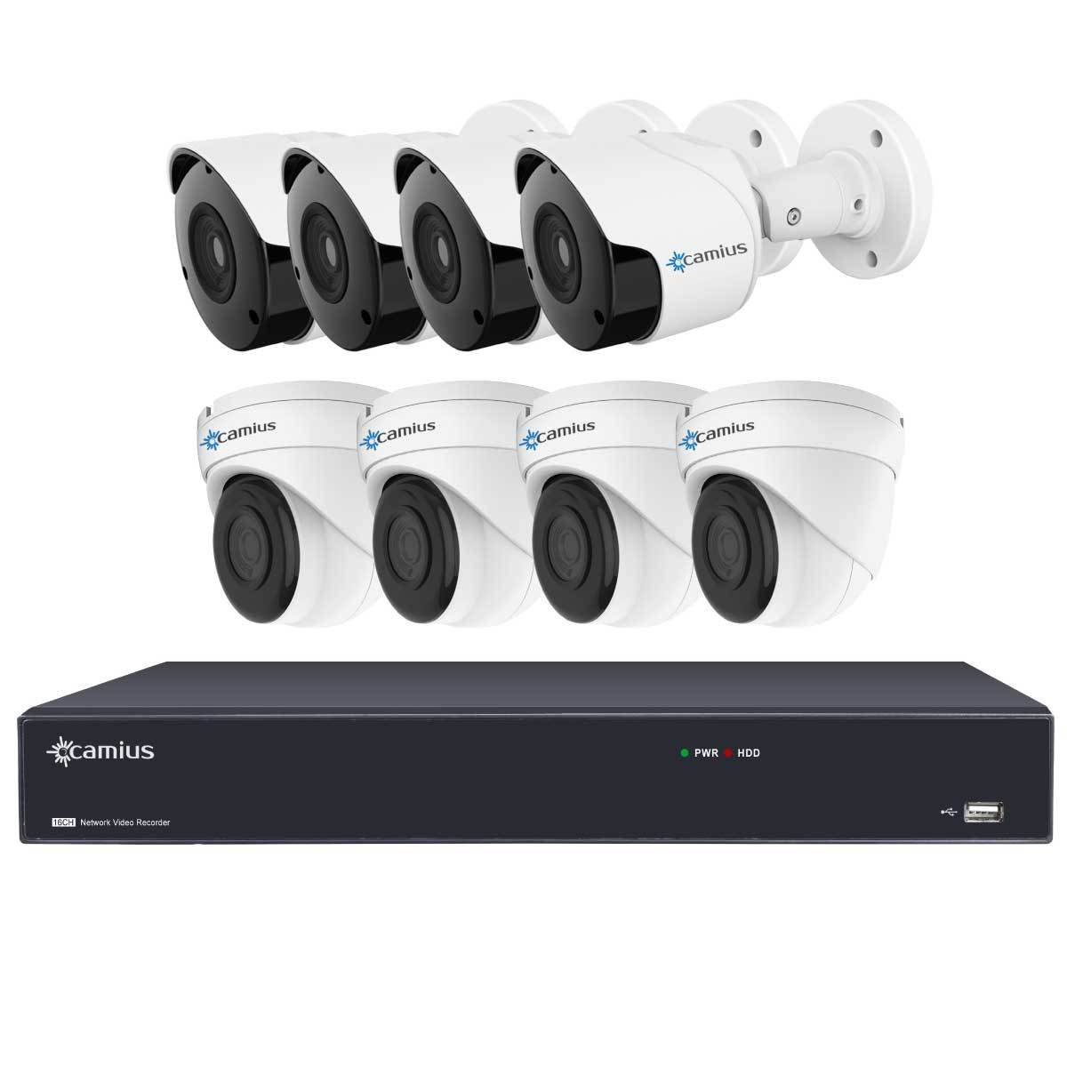 Camius 4K 16 Channel NVR security system with 8 x 5MP Dome & Bullet IP PoE Cameras  with a built-in microphone, 100ft night vision, 2 SATA - SOLD without HDD - 320 Mbps, PC, Mac, phone view - 16PP4B4I
