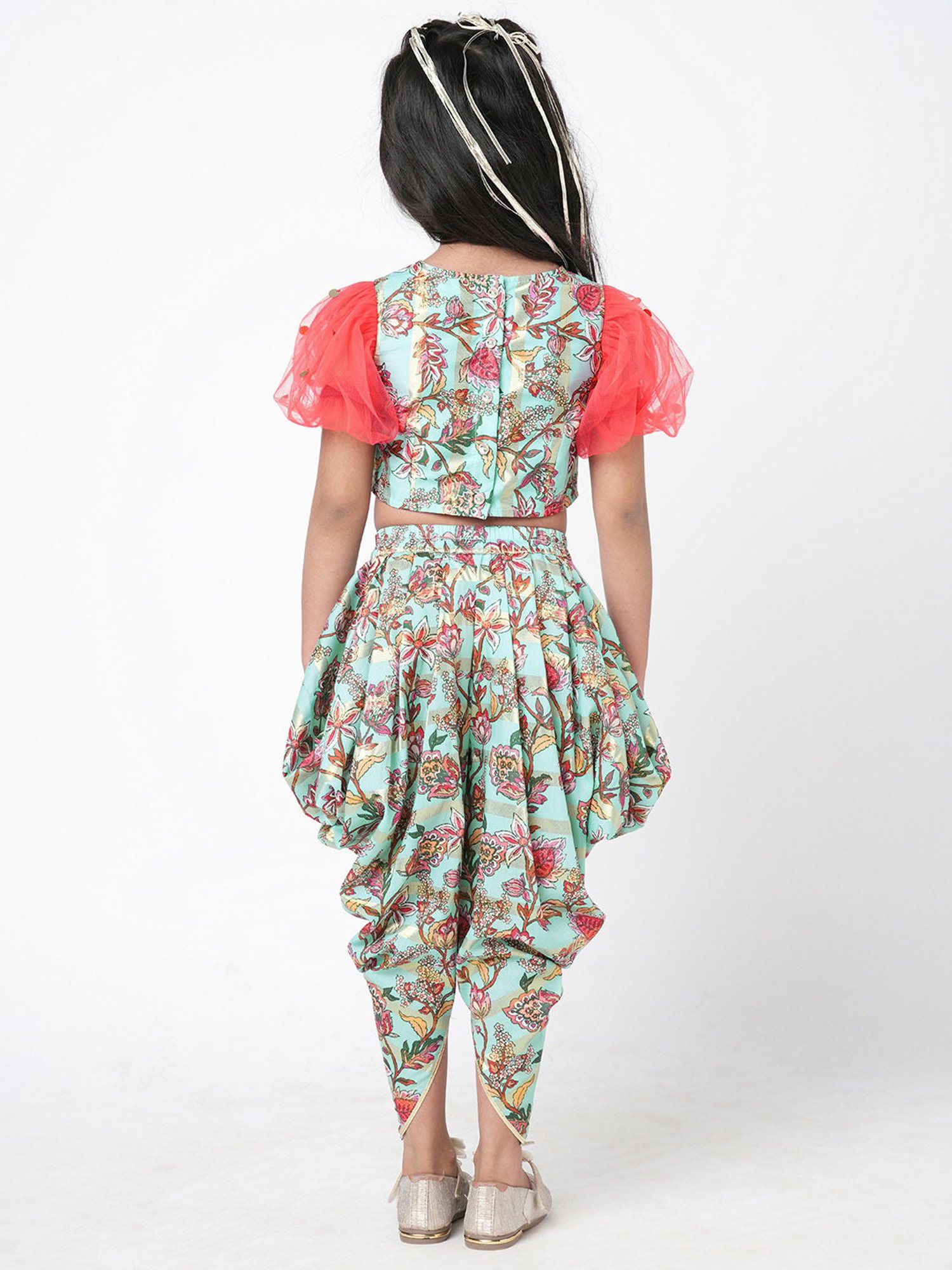 Lil Drama Kids Mint Green Floral Print Crop Top With Dhoti